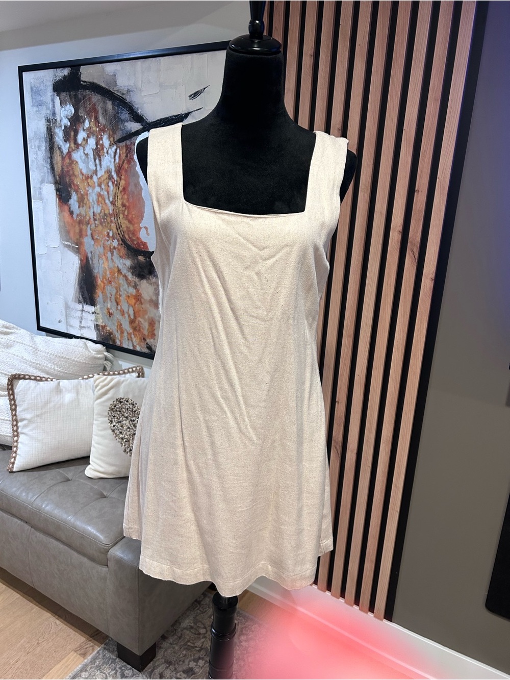 Light Cream Square-Neck Women's Dress linen 100%